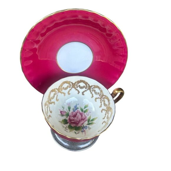 Aynsley Cranberry Red Cabbage Rose Gold Scroll Filagree Footed Cup and Saucer - Picture 2 of 8